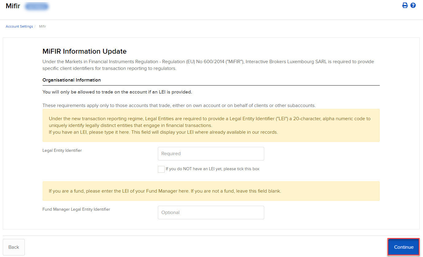 The MiFIR information update panel in portal. 